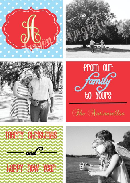 6 square Red, Blue, and Green Personalized Photo Christmas Card