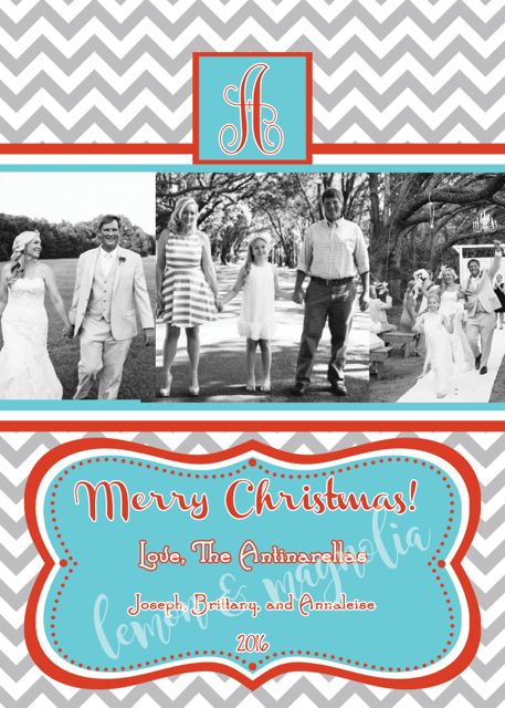 Grey Chevron with Red and Teal Three Photo Personalized Christmas Card