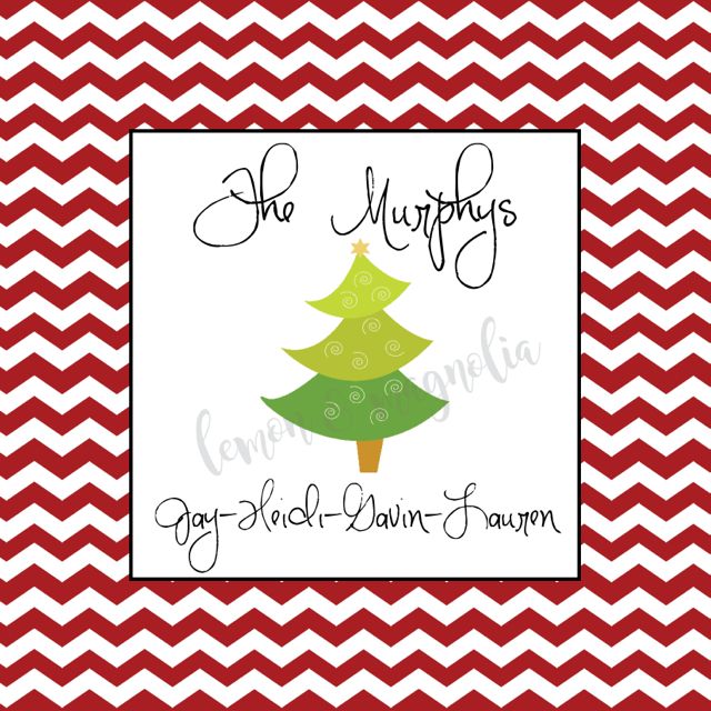 Red Chevron with Christmas Tree Personalized Christmas Gift Tag