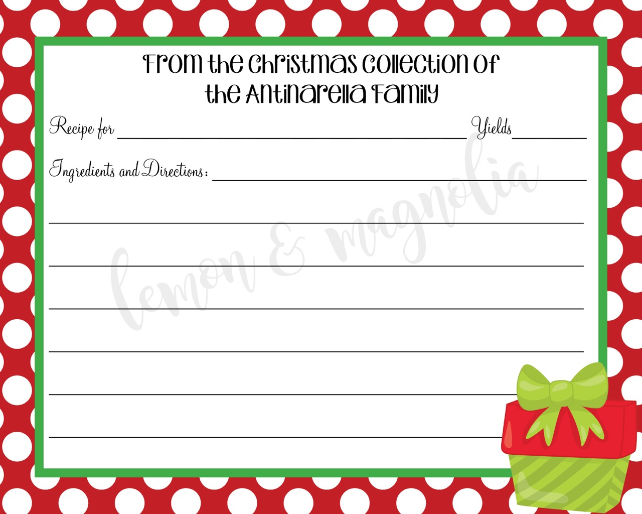 Red and Green Christmas Present Recipe Card