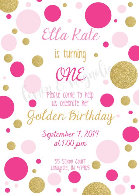 Gold and Pink Glitter and Glam Polka Dot 1st Birthday Invitations