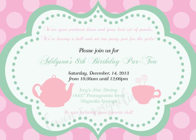 Doll Tea Party Birthday Invitation 2