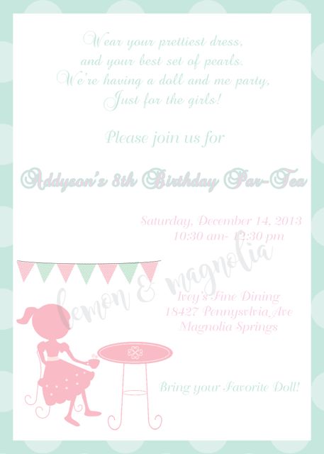Doll Tea Party Birthday Invitation 3