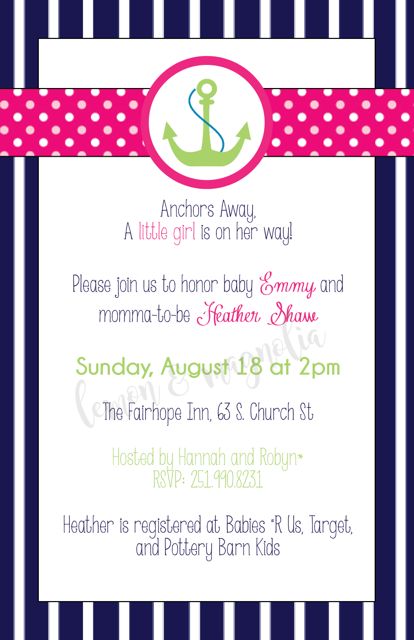 Girl Navy, Pink, & Green Anchor Baby Shower Invitation