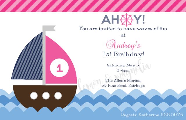Ahoy Nautical Girls Birthday Invitation