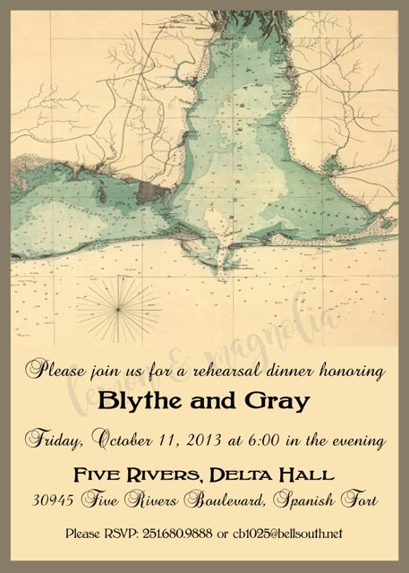 Map of Mobile Bay Rehearsal Dinner Invitation