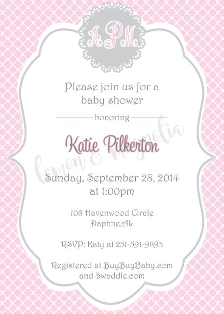Pink and Grey Monogram Baby Shower Invitation