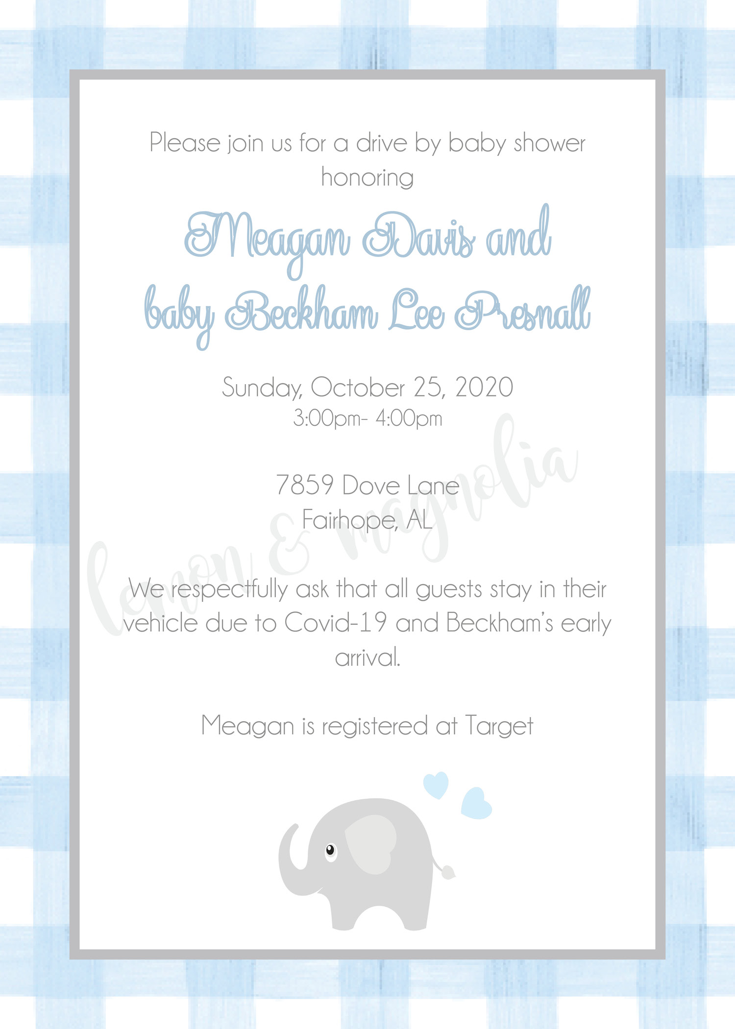Blue Gingham with Elephant Baby Shower Invitation
