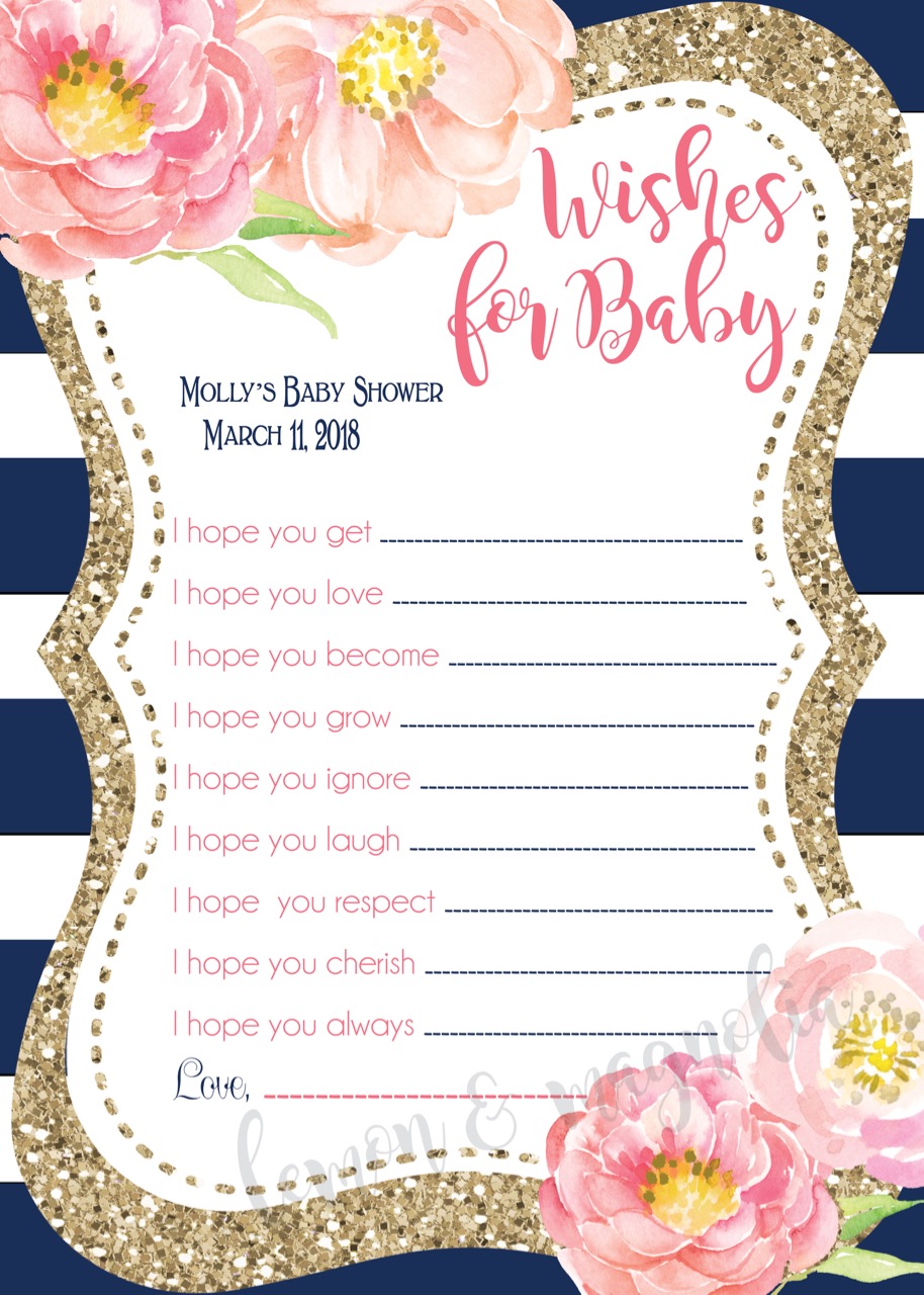 Navy Stripe with Watercolor Peony Baby Wish Card