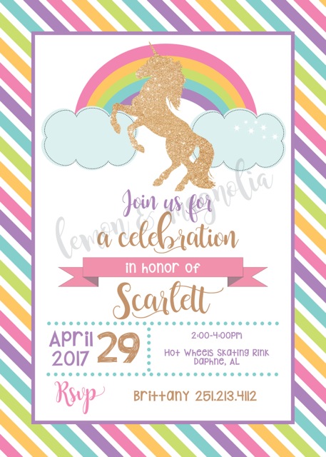 Pastel Rainbow Glitter Unicorn Birthday Invitation
