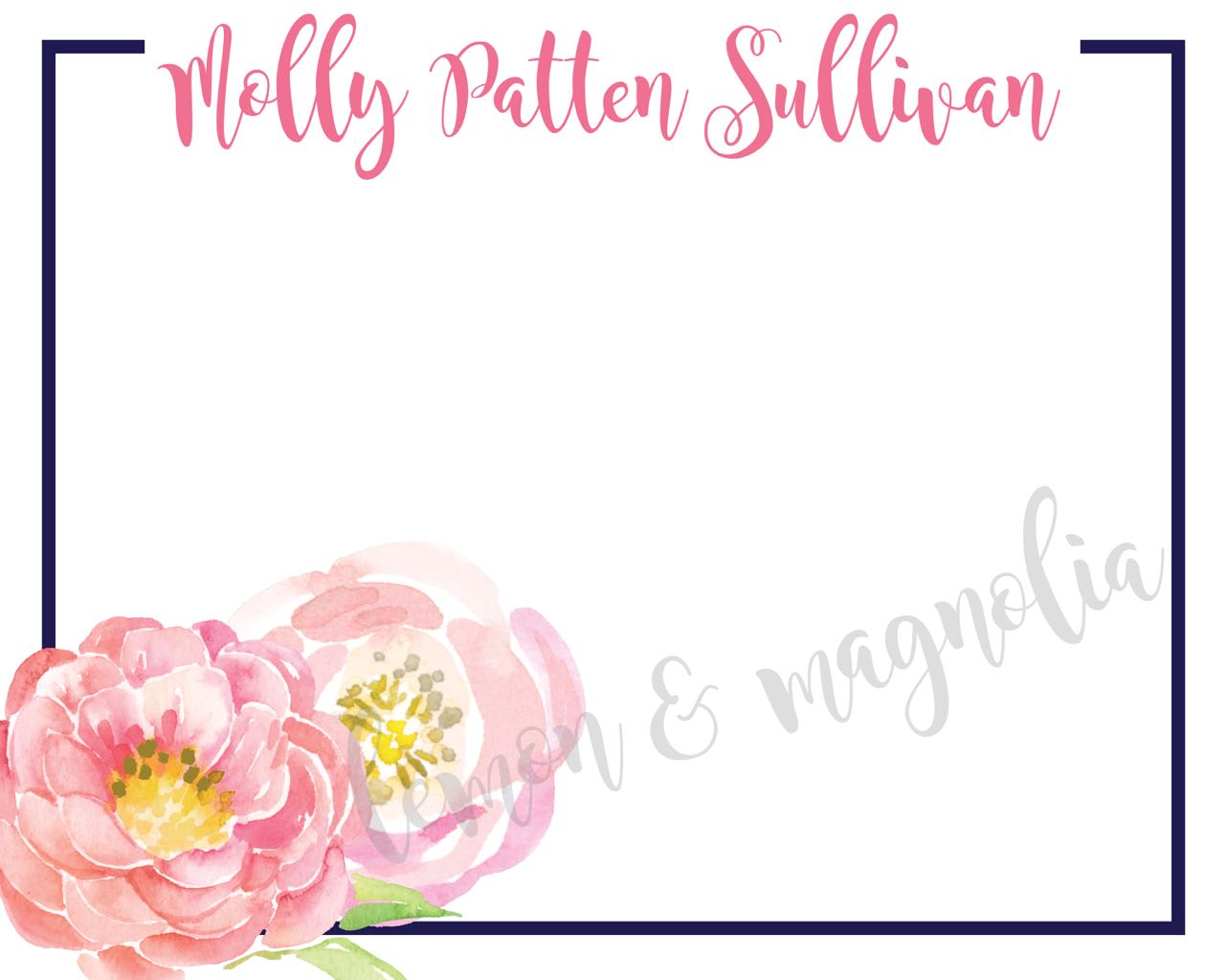 Personalized Navy and White Peony Notecard