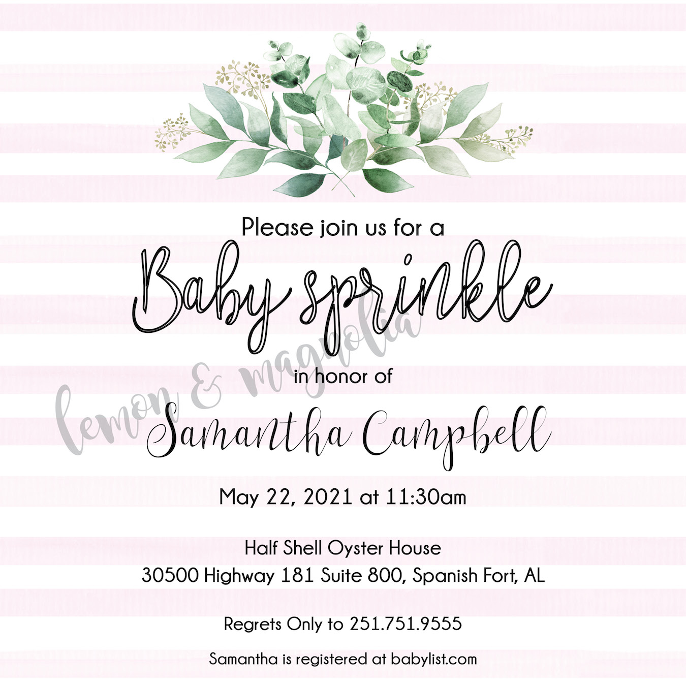 Watercolor Pink Stripe with Eucalyptus Baby Shower Invitation