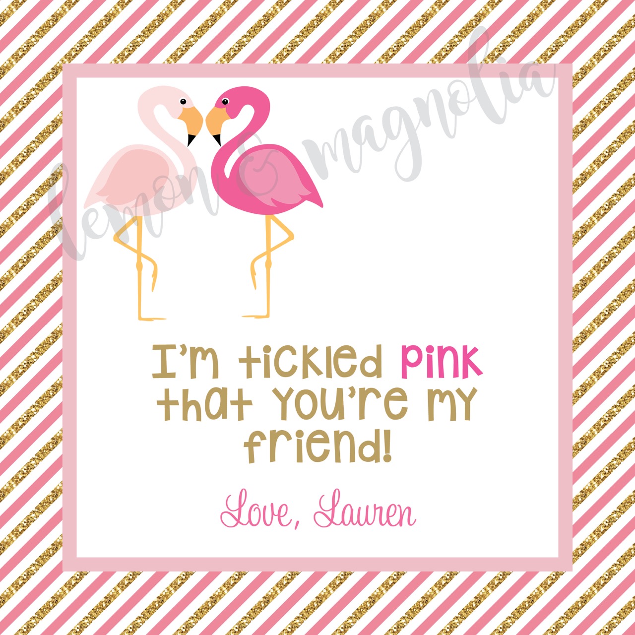 Pink and Gold Flamingo Valentine Square Tag