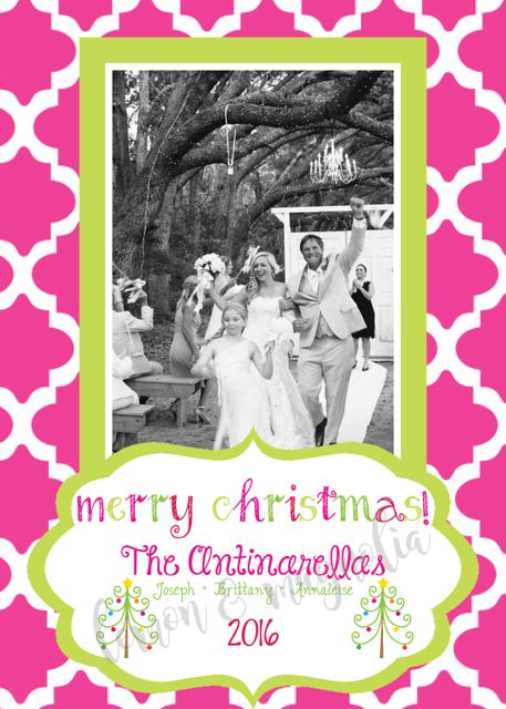 Pink Quatrefoil with Green Personalized Photo Christmas Card