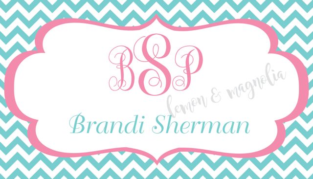 Aqua Chevron with Pink Monogram Personalized Calling Card