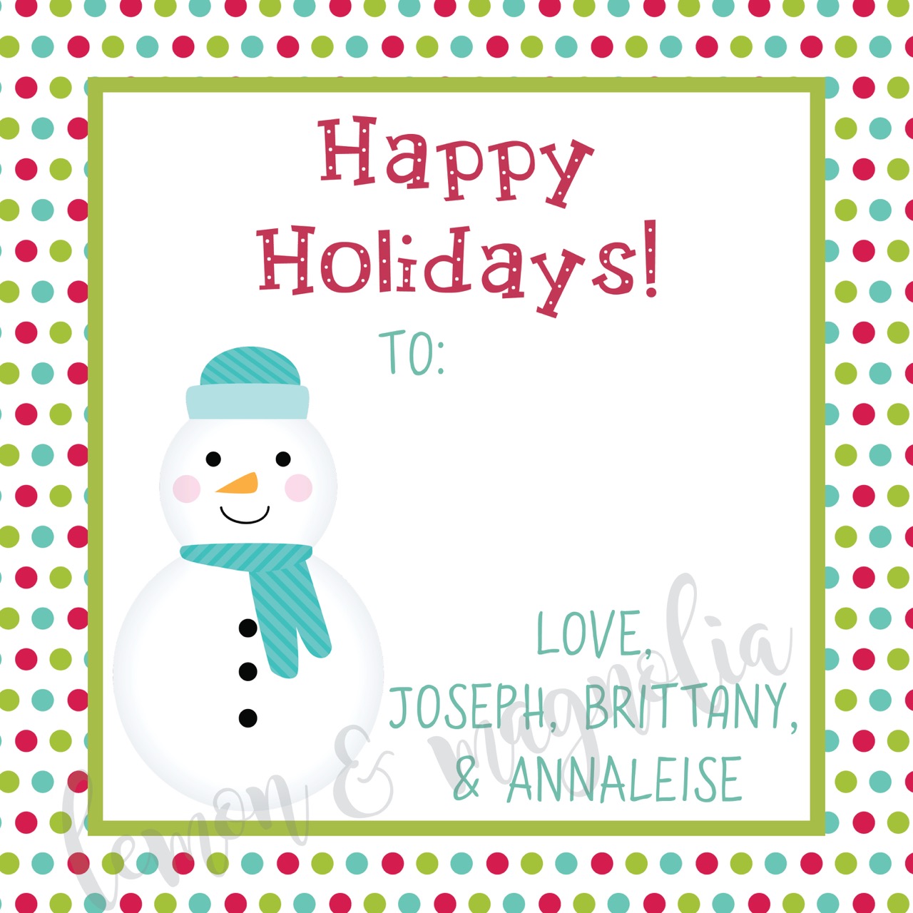 Teal Snowman Personalized Christmas Gift Tag