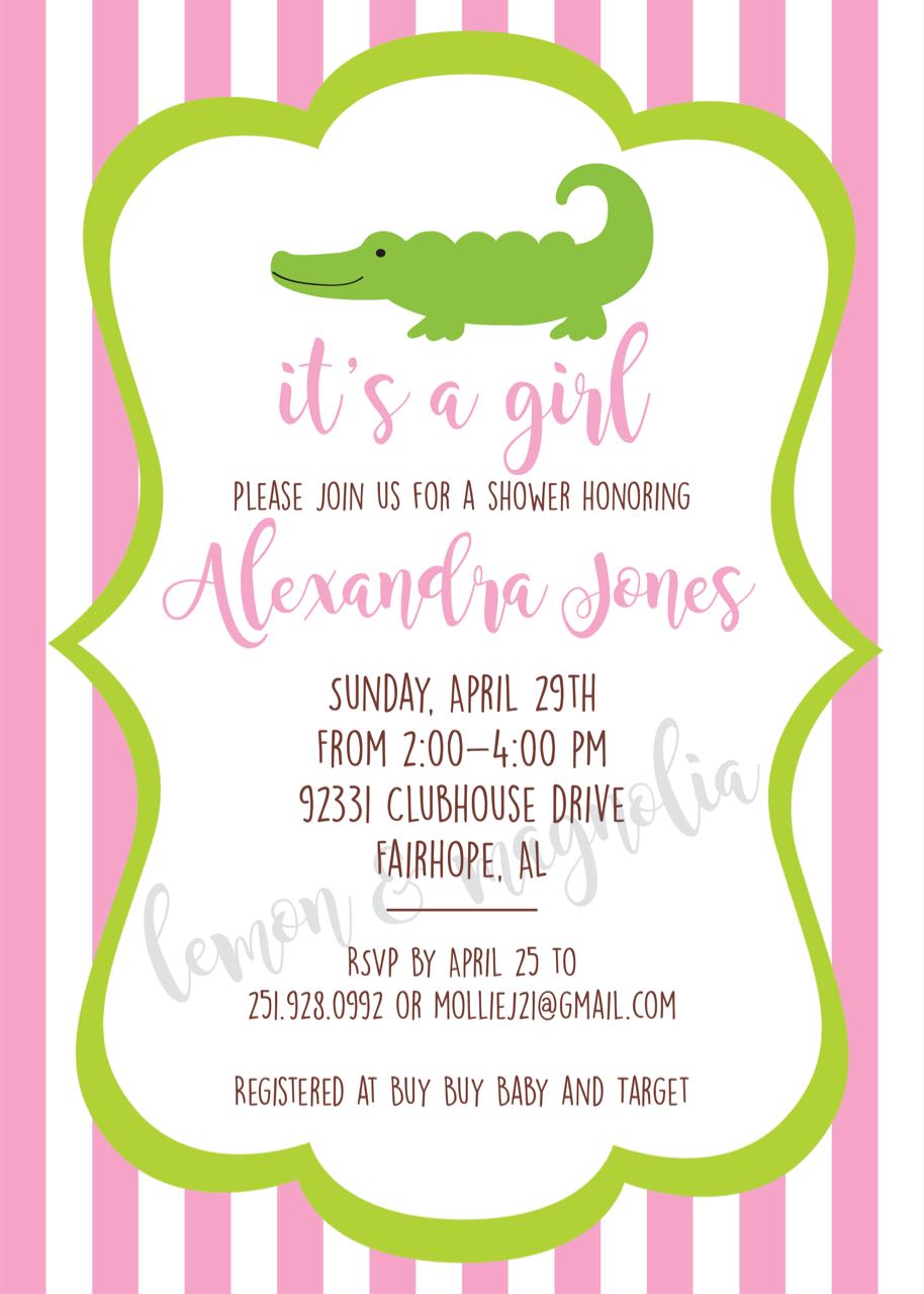 Girl Alligator Baby Shower Invitation