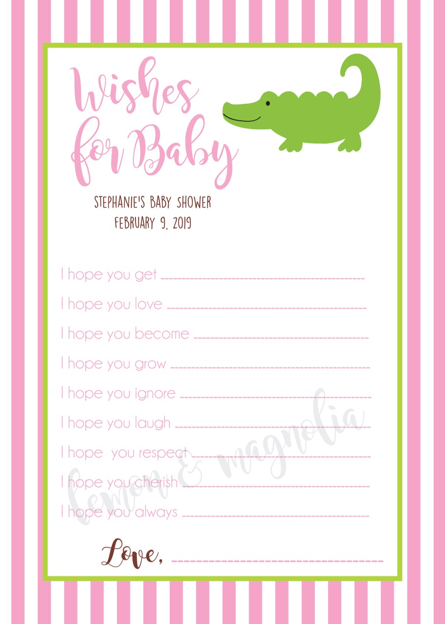 Girl Alligator Baby Shower Wish Card