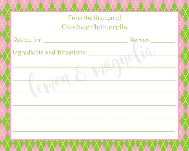 Pink and Green Argyle Personalized Recipe Card
