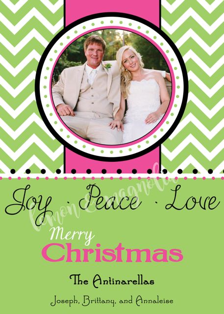 Green Chevron with Pink Stripe Personalized Photo Christmas Card