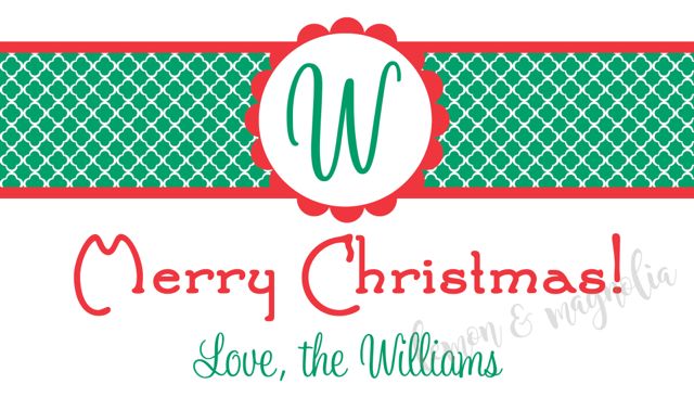 Green Quatrefoil Stripe with Initial Personalized Christmas Gift Tag