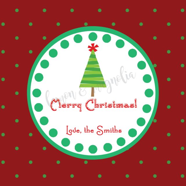 Red with Green Polka Dot with Green Stripe Tree Personalized Christmas Gift Tag
