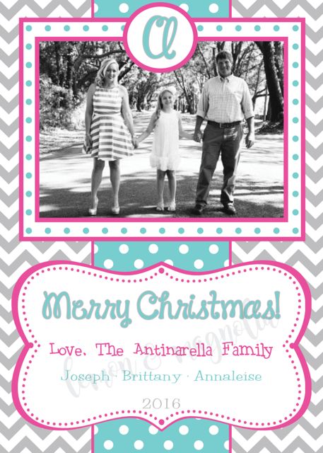 Grey, Aqua, and Pink Initial Personalized Photo Christmas Card