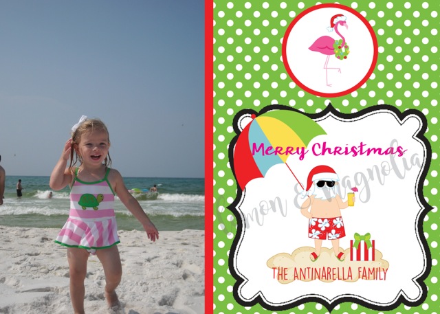 Lime Polka Dot Beach Santa Photo Personalized Christmas Card