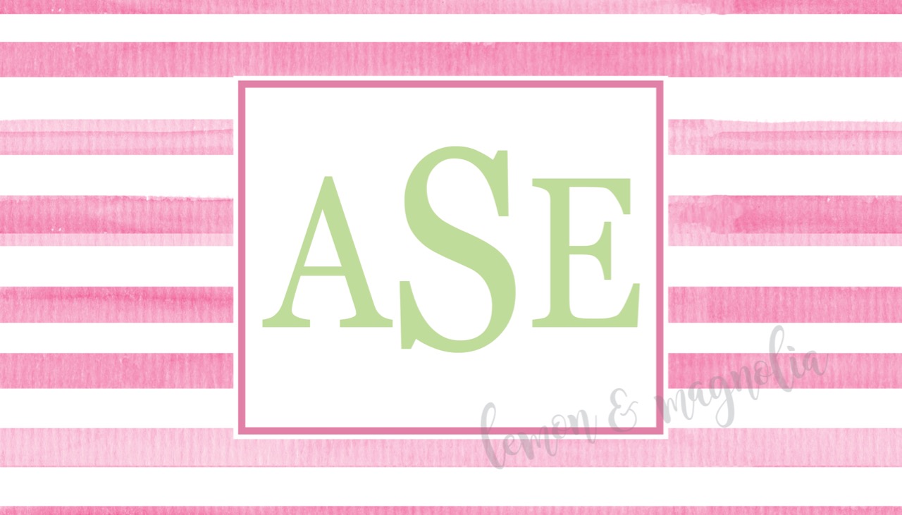 Personalized Pink Watercolor Stripe Triple Initial Calling Card