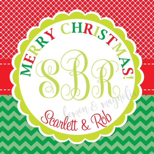 Red Quatrefoil and Green Chevron with Monogram Personalized Christmas Gift Tag