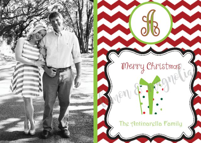 Red Chevron with Green and Present Personalized Photo Christmas Card