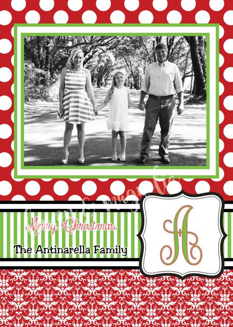 Red Dot with Green Stripe and Red Damask Photo Christmas Card