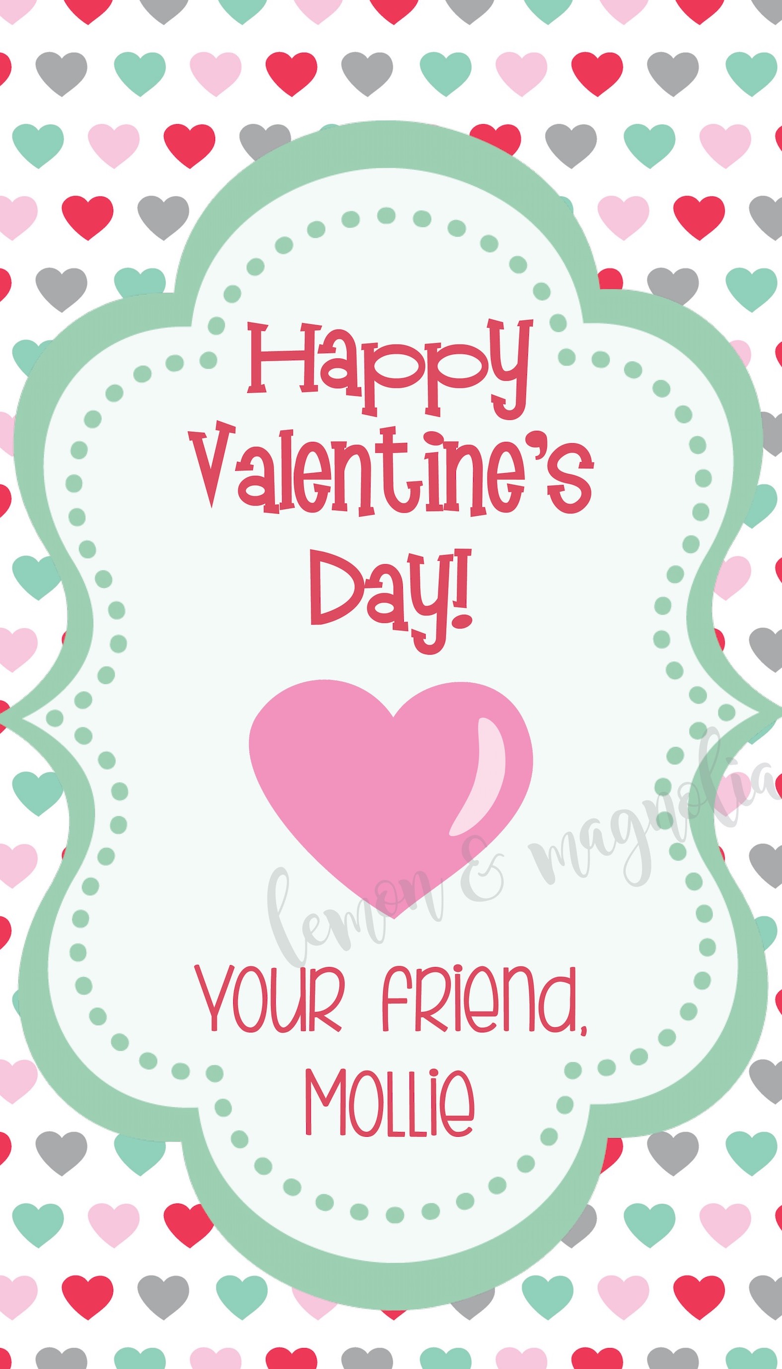 Red, Mint, and Pink Heart Valentine's Day gift tag