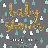 Grey with Teal, Aqua, and Mint Raindrop Baby Shower Invitation