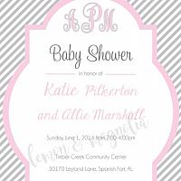 Grey Stripe with Pink Monogram Baby Shower Invitation